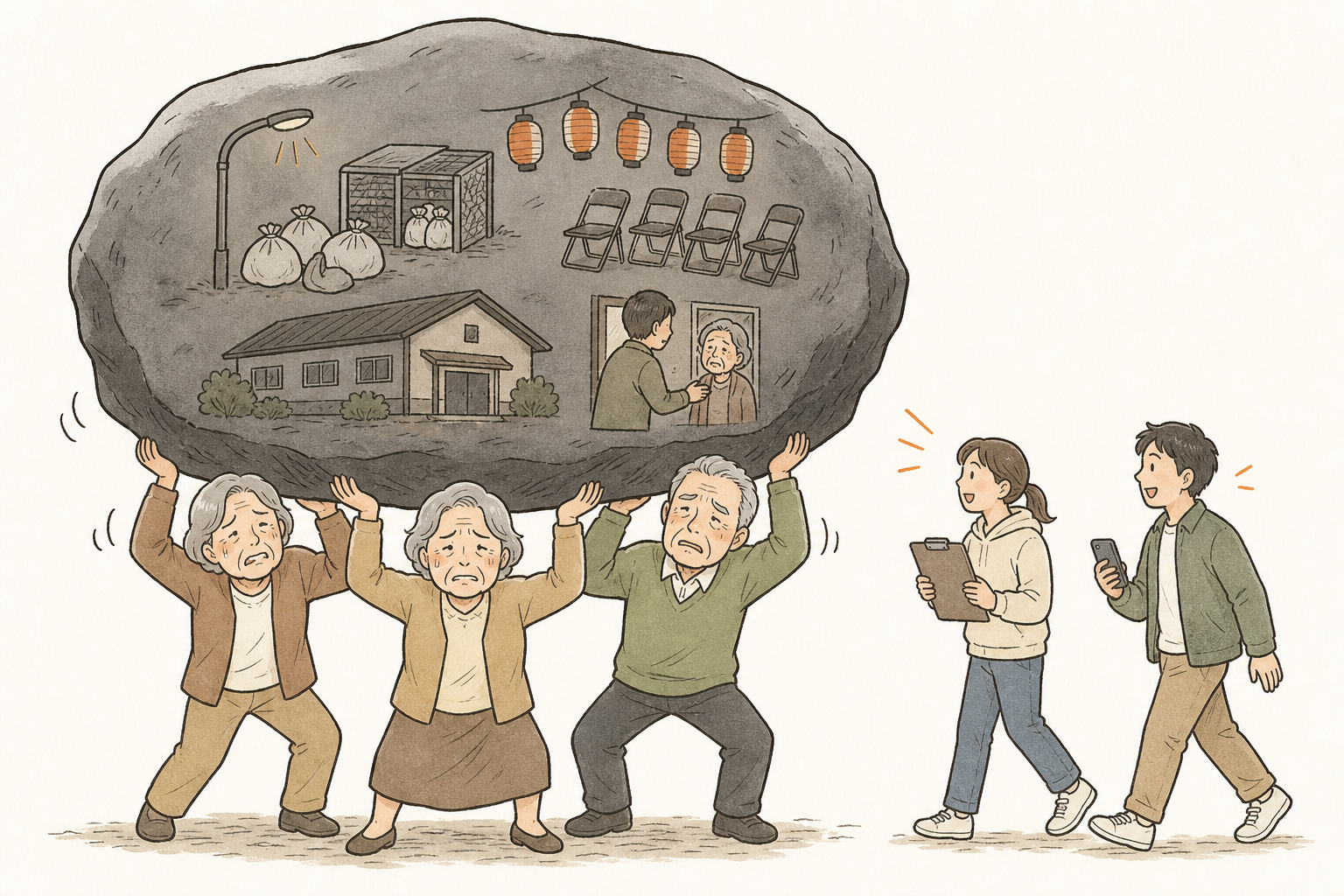 少ない高齢の町会役員が、多くの地域活動を一緒に支えている負担を表すイラスト
