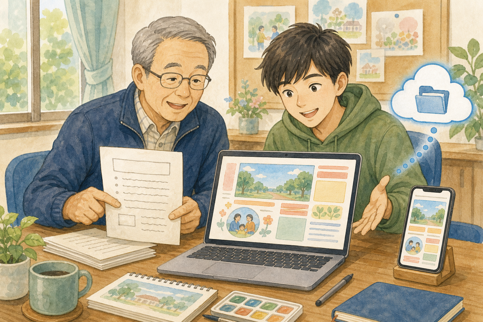 若者と町会役員が回覧板をデザインしデータ化するイラスト