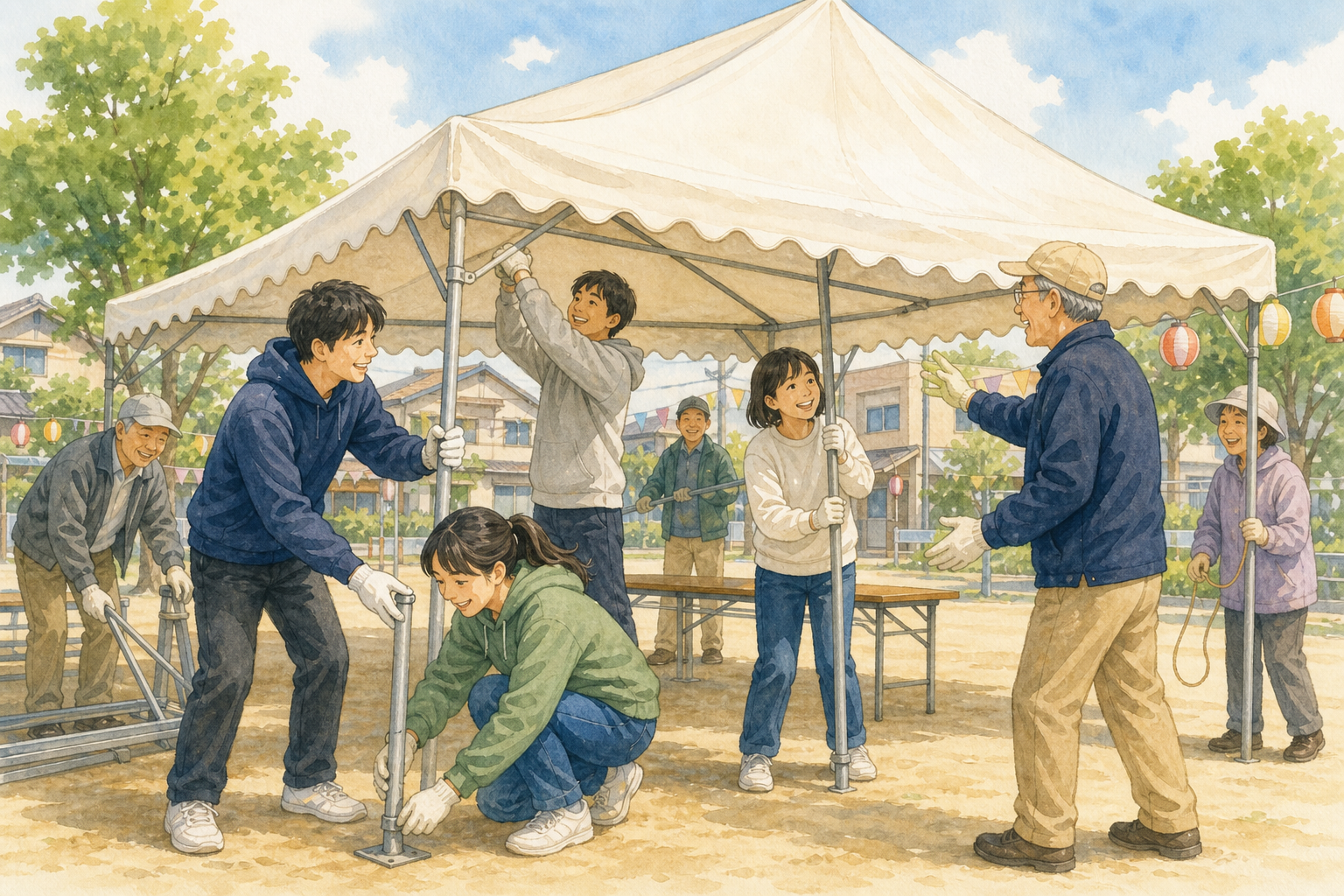 若者と町会役員が一緒にイベント用のテントを設営するイラスト