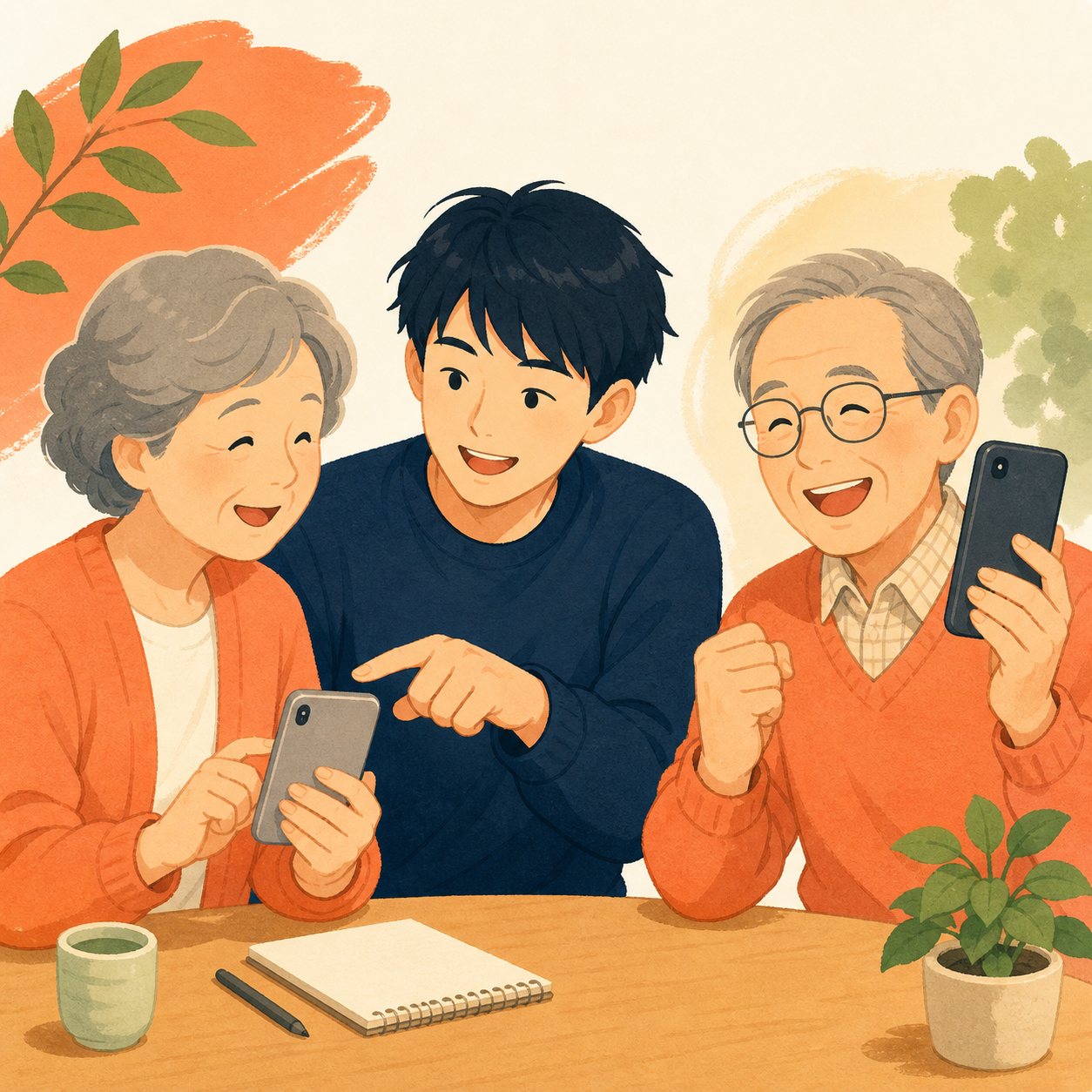 デジタルを使って地域の人と交流するイラスト