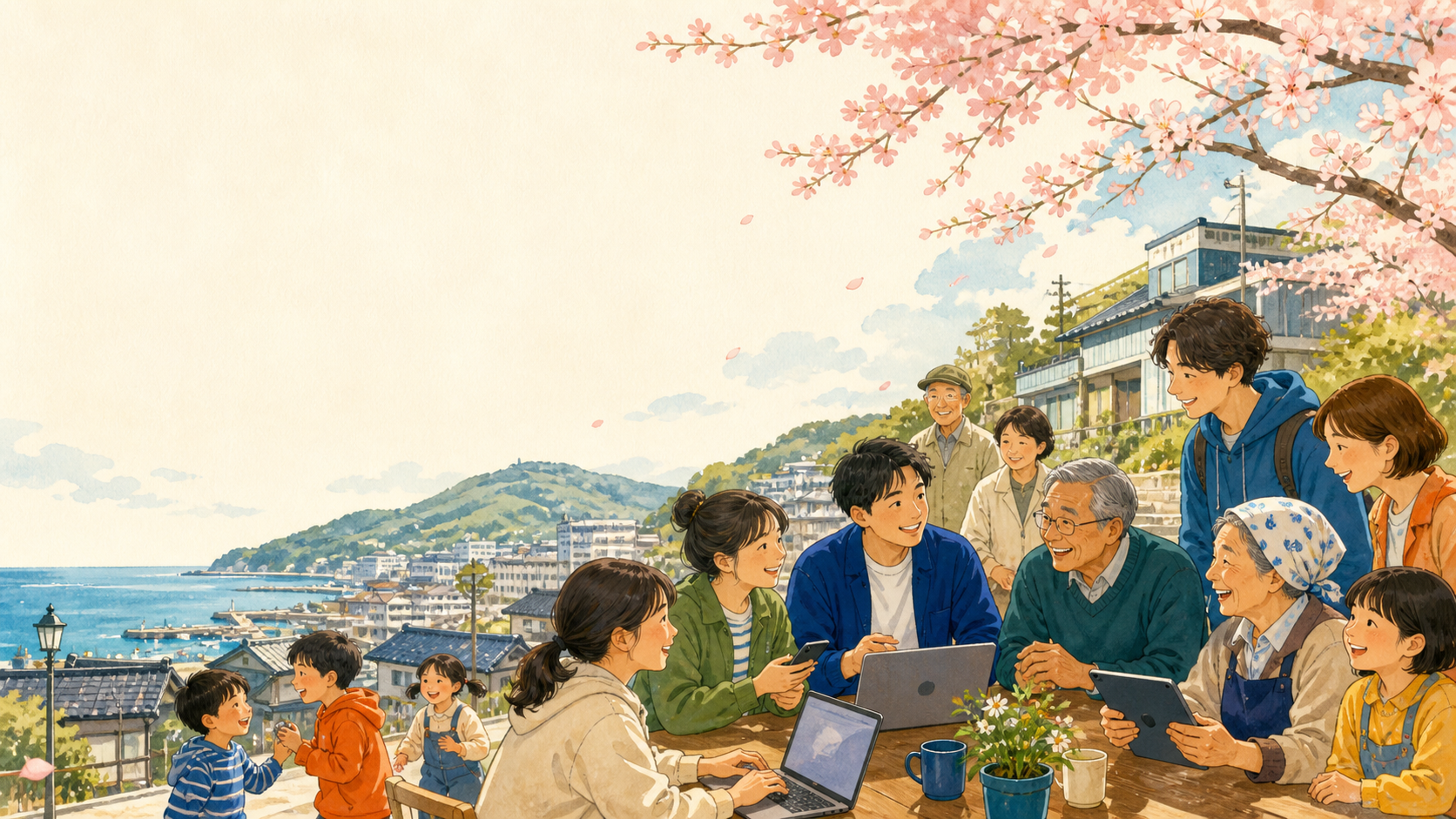 桜の季節に、学生と地域住民が小樽のまちで交流するイラスト