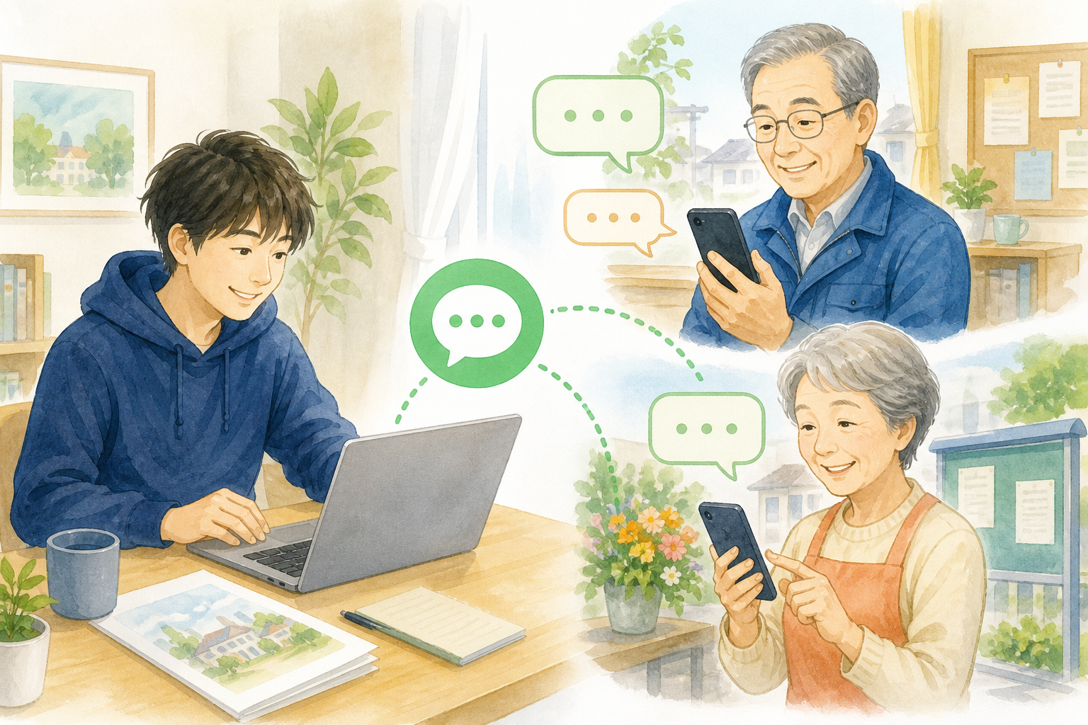 若者がパソコンで情報を共有し、町会役員がスマートフォンで連絡を取り合うイラスト