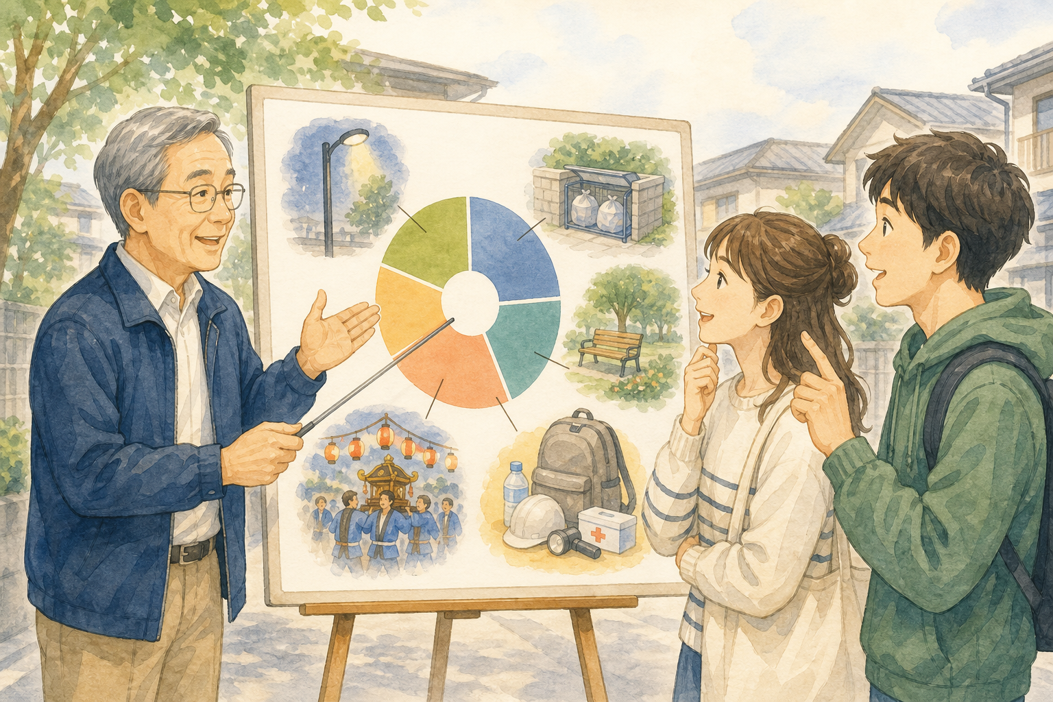 町会役員が町内会費の使い方を若者の男女に説明するイラスト