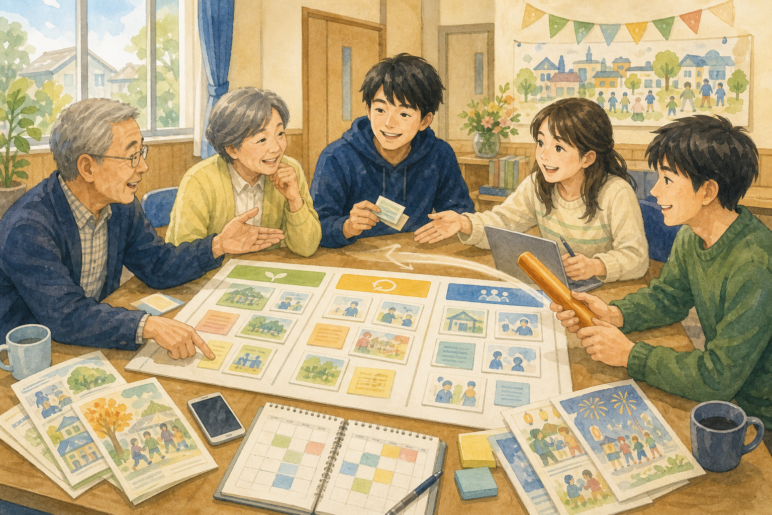 町会役員と若者が業務を棚卸しし、次世代への引き継ぎを話し合うイラスト