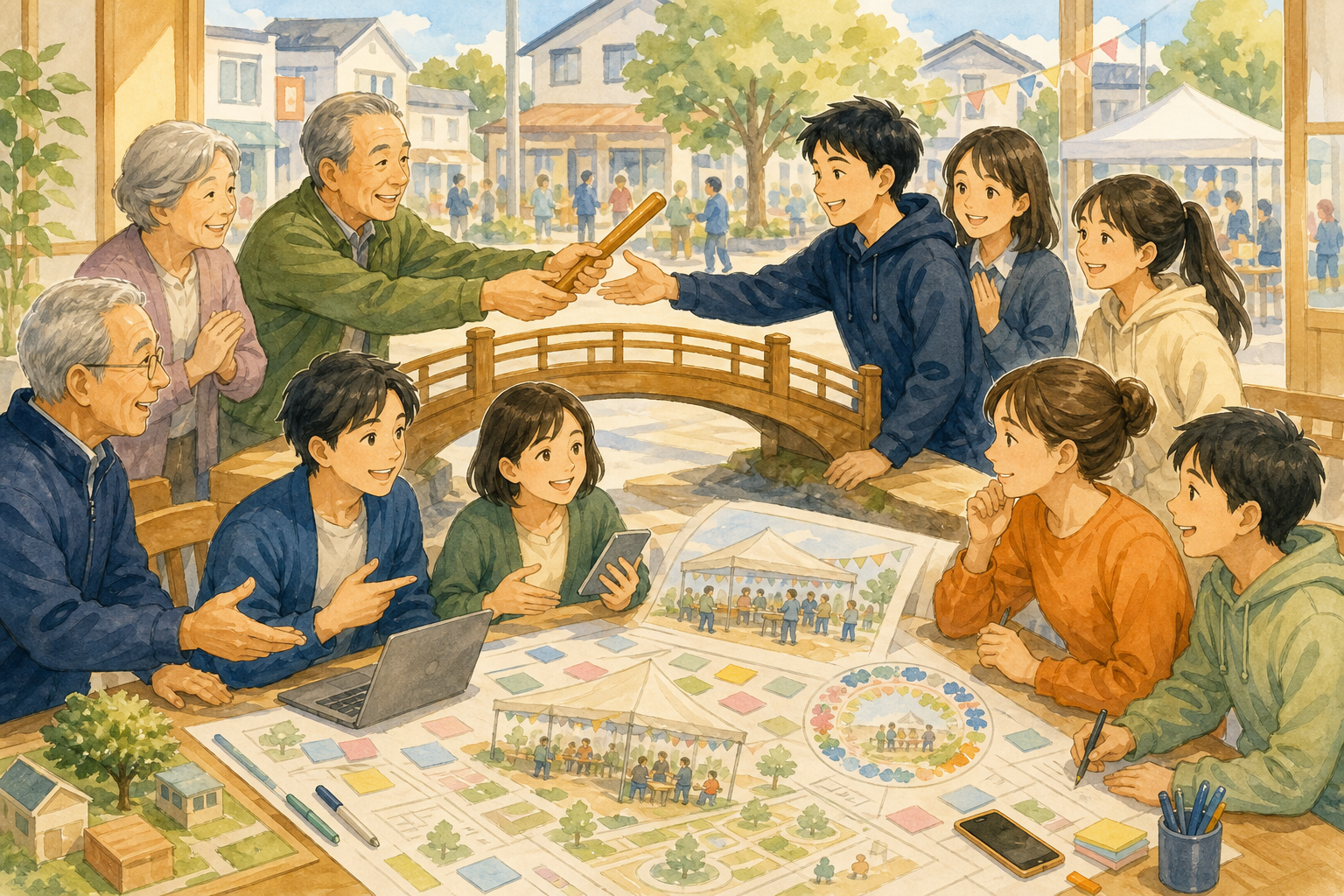 町会役員と若者がバトンをつなぎ、地域の未来を一緒に考えるイラスト