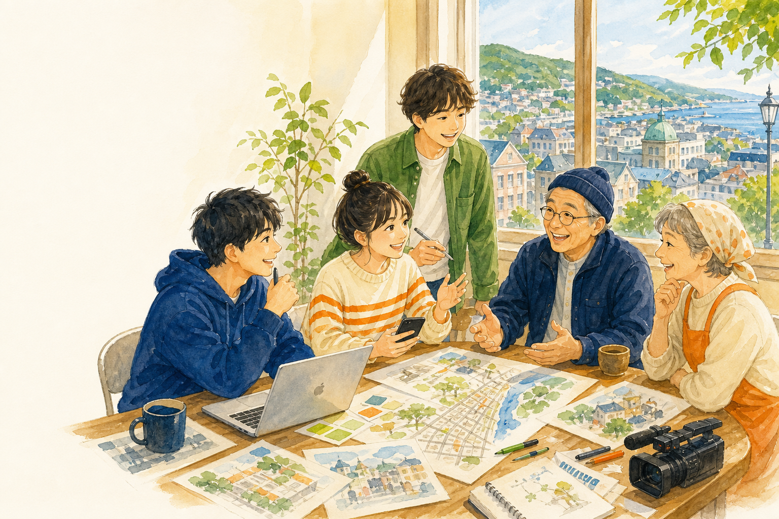 学生と地域の人が、デジタルを使って町の未来を話し合う様子のイラスト
